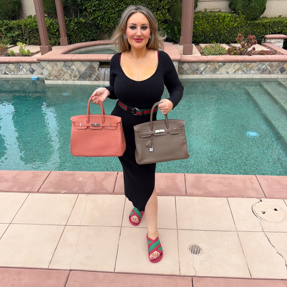 Elegant Handbags in Coral and Taupe